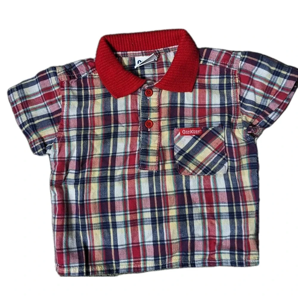 Oshkosh Baby Toddler 12 Months Boys Shirt Short Sleeve Plaid Vtg‎ USA Cotton